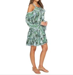 Red Carter Cover Up Dress Palm Party Print Crocheted Tiered Green Blue L NWT